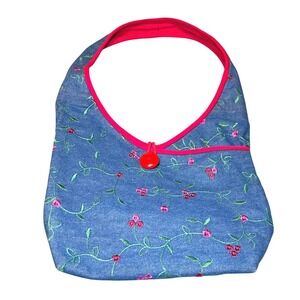 Embroidered Denim Shoulder Bag Floral Print Blue Red Button Hobo Bag Y2K Casual